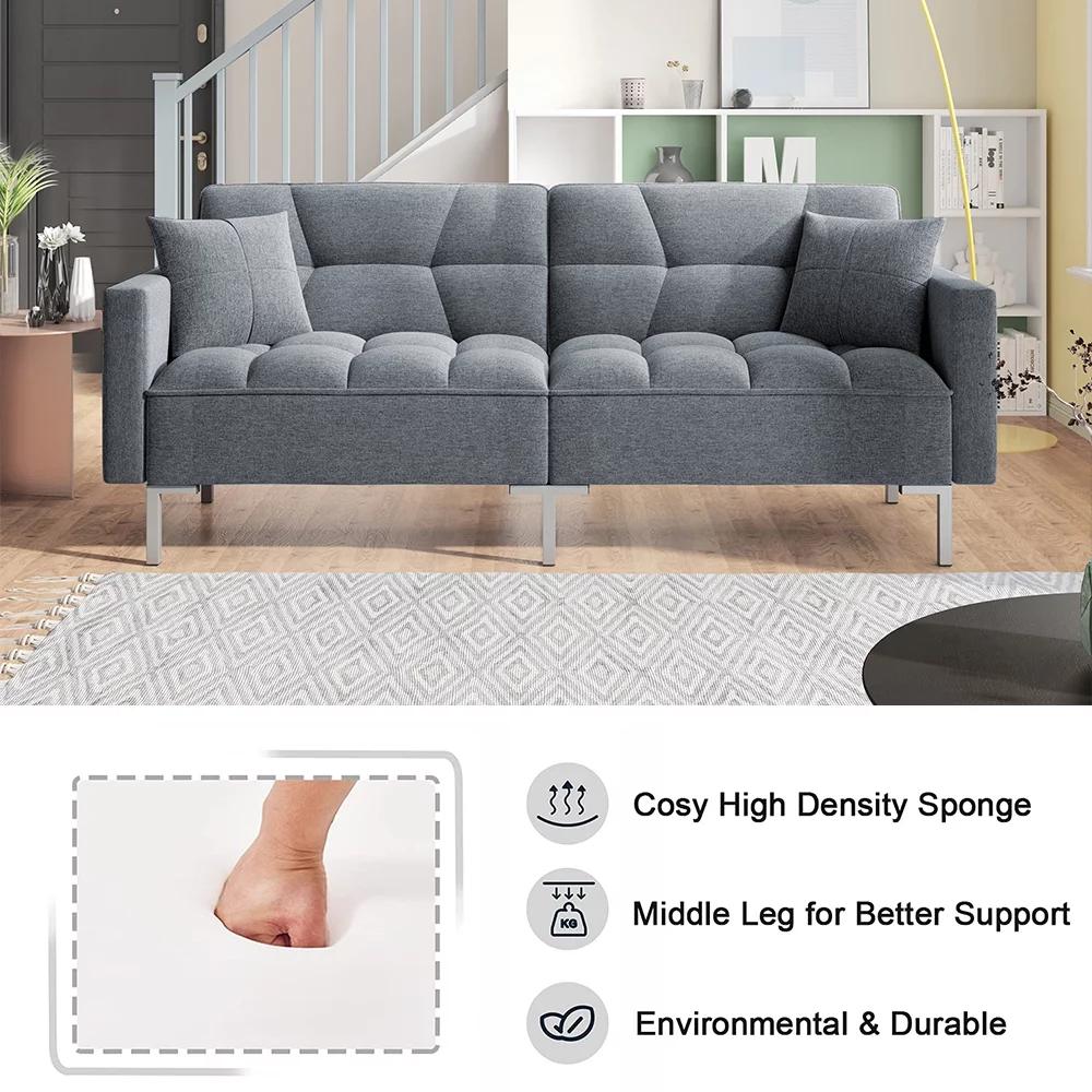 Gray Futon Sofa Bed, Convertible Folding Sofa Bed, Modern Upholstered Sleeper Sofa Bed with 2 Pillows and Metal Legs