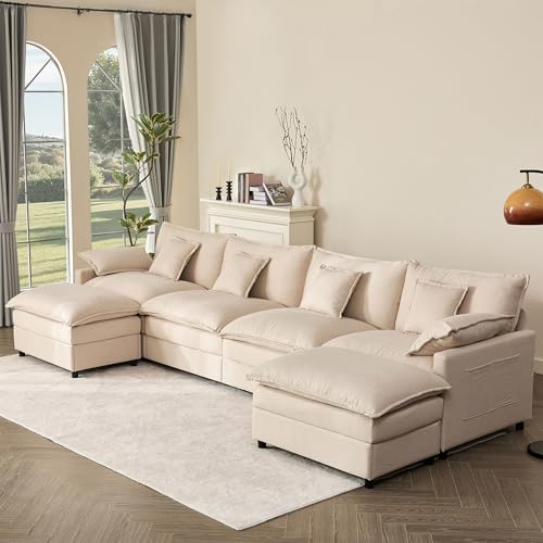 108" U Shaped Couch, Modular Sectional Sofa, 3-Seater Comfy Cloud Couch with Movable Ottoman, Deep Seat Couches for Living Room, Chenille, Black