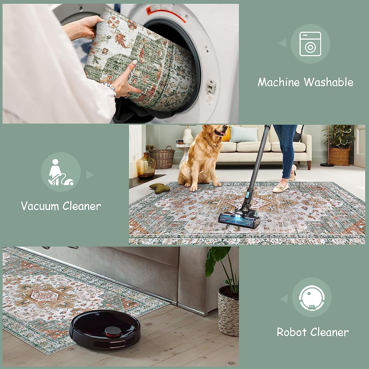 Moynesa Ultra-Thin Vintage Area Rug 6x9, Large Living Room Rugs for Bedroom Aesthetic, Washable Carpet for Under Dining Room Table