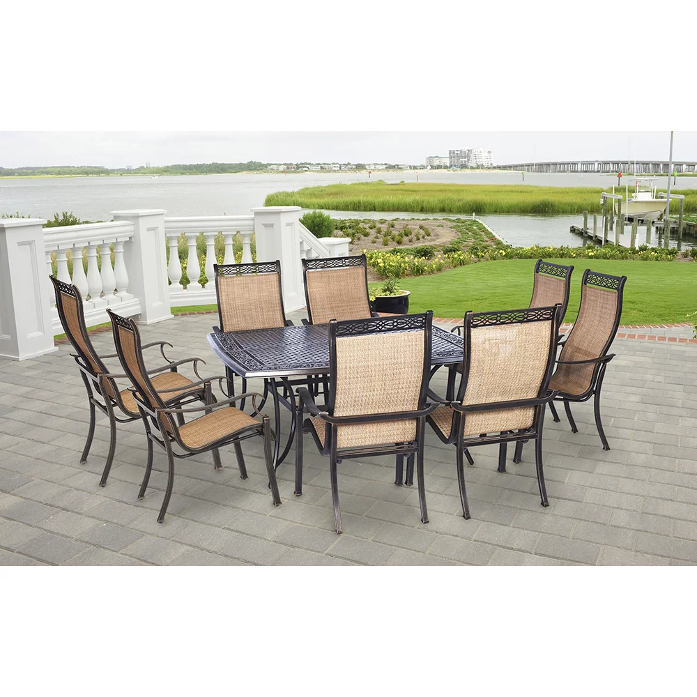 Hanover Manor 9-Piece Aluminum Outdoor Dining Set with Large Square Table, Seats 8