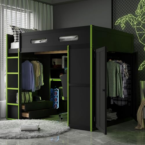 Modern Full Size Gaming Loft Bed with Built-in Desk and Storage Wardrobe, Wood Loft Bed Frame with Light Strip and 2 Drawers