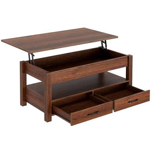 Rolanstar Coffee Table, Lift Top Coffee Table with Drawers and Hidden Compartment, Retro Central Table with Wooden Lift Tabletop, for Living Room