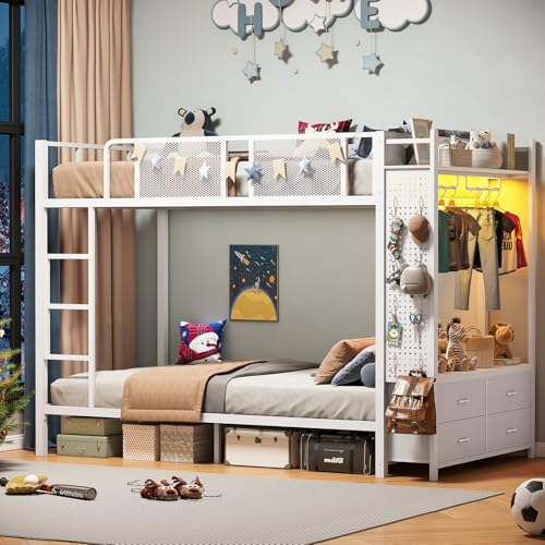 Itaar Metal Bunk Bed Twin Over Twin with Hall Tree, Power Outlet, LED Bunk Bed with 4 Storage Drawers, Bed with Safety Guardrail & Ladders