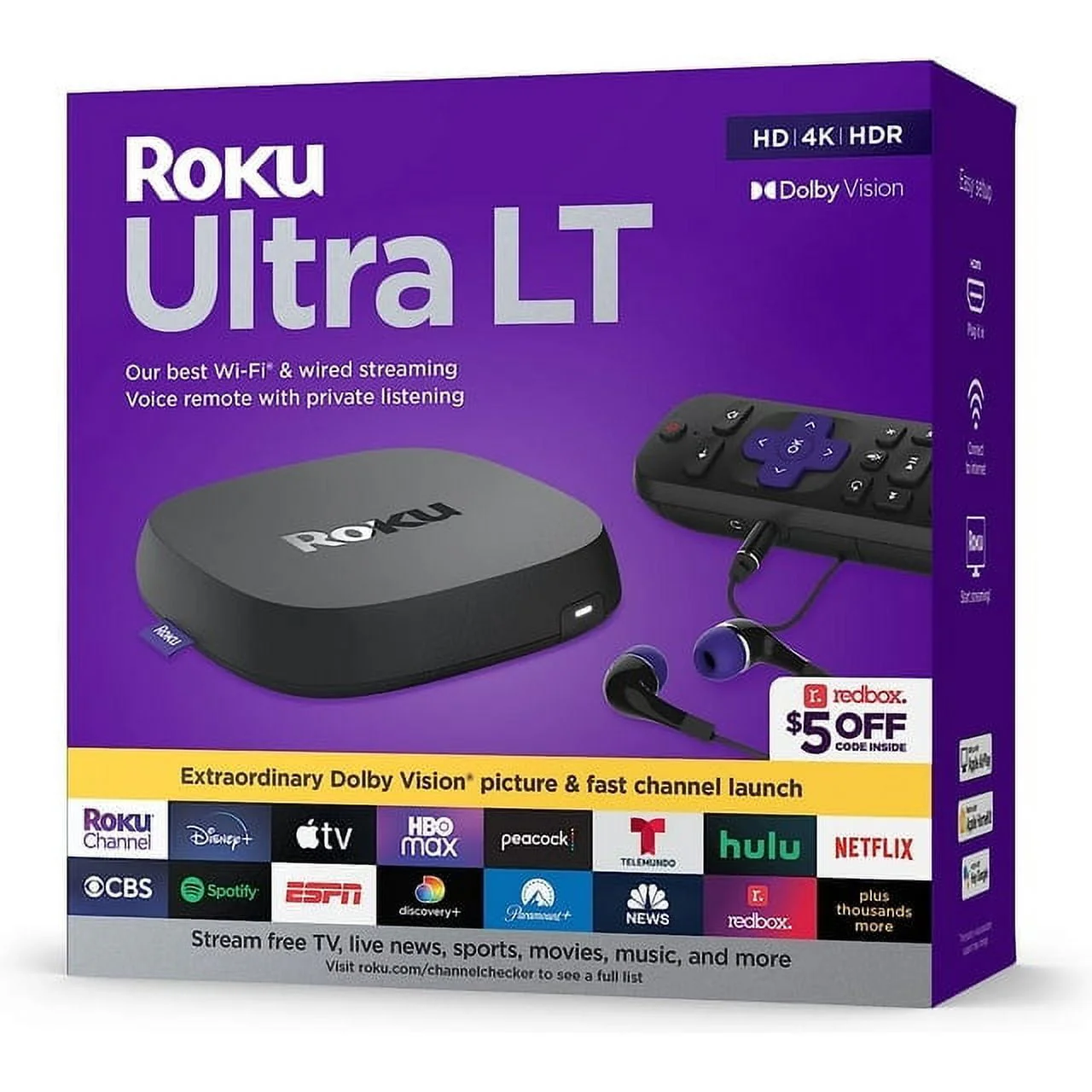 Restored Roku Ultra LT Streaming Device 4K/HDR/Dolby Vision/Dual-Band Wi-Fi® with Roku Voice Remote and HDMI Cable (Refurbished)
