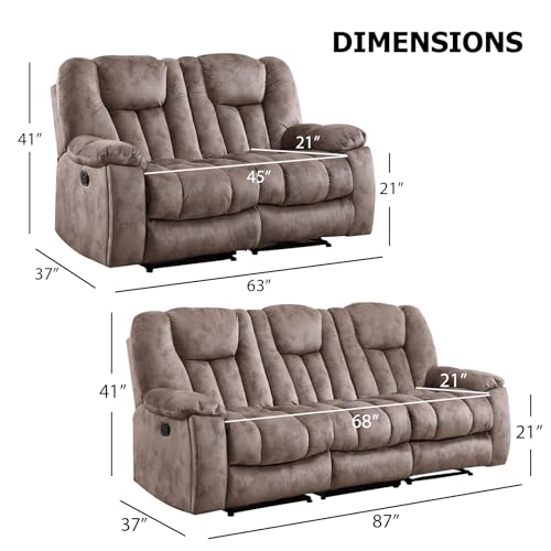 CANMOV Manual Recliner Sofa-Soft Fabric Reclining Living Room Set Loveseat Massage Heated Recliner Couch with Cup Holders