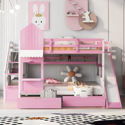 SOFTSEA Twin Over Twin Bunk Bed with Slide and Storage Solid Wood Bunk Bed Frame with Staircase and Drawers, Pink