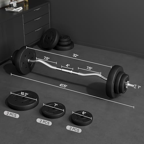Yaheetech Barbell Set - Olympic Curl Bar & Weights (66LB, 55LB, 44LB) with Chrome Finish & Black Color