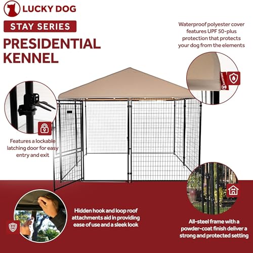 Stay Series 4 by 4 by 4.3 Feet Studio Jr. Black Powder Coat Steel Frame Outdoor Dog Kennel with Waterproof Canopy Roof and Gate Door, Khaki