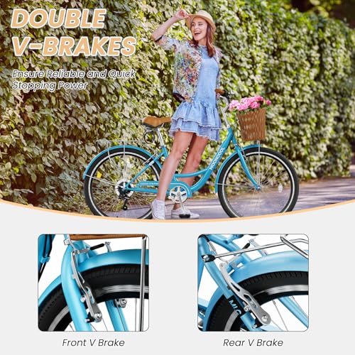 MOONCOOL Womens Bike 7 Speed, 24 26 inch Beach Cruiser Bikes for Women, Step Through Adult Bicycle with Front Basket for City Commuting