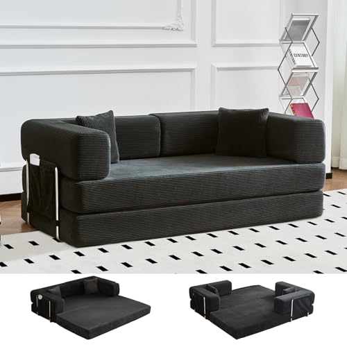 Convertible Sleeper Sofa Bed No Assembly Corduroy Upholstered Green Modular Floor Couch Queen/King Size Foldable Futon with Memory Foam for Apartment