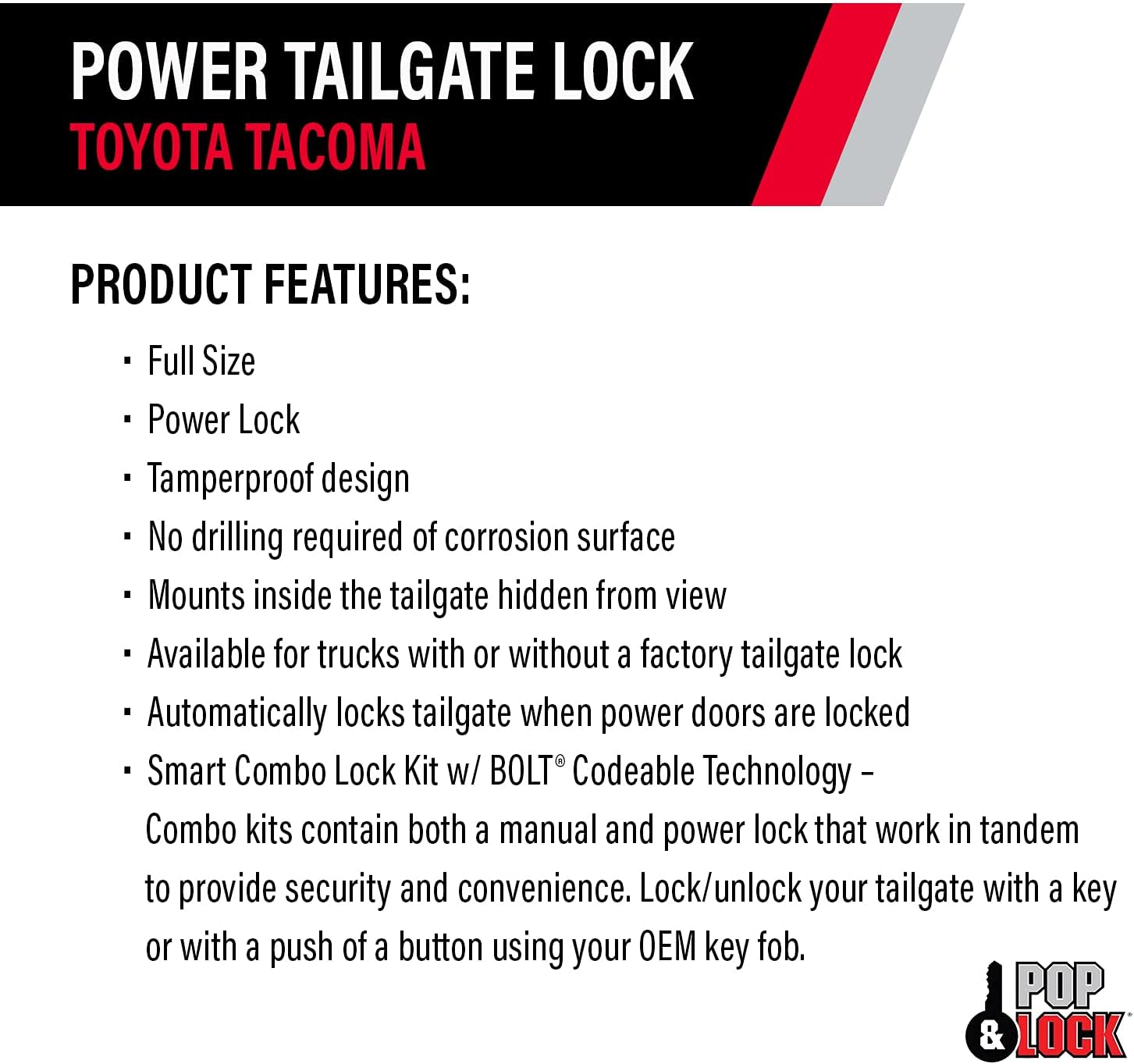 Pop & Lock PL8540 Black Power Tailgate Lock with Bolt Codeable Technology for Toyota Tacoma (Smart Lock Combo)