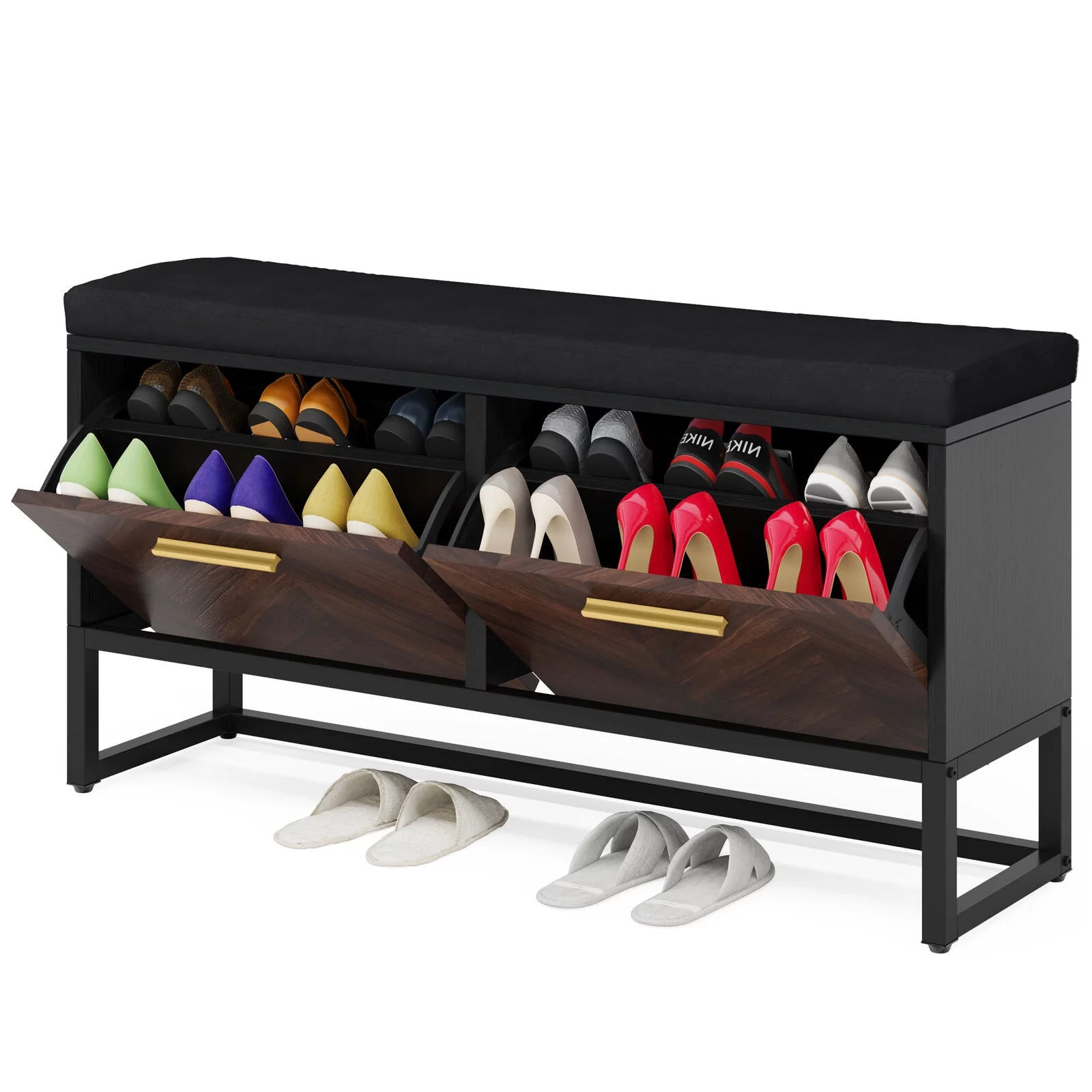 Tribesigns Shoe Storage Bench with Cushion & 2 Flip Drawers Entryway Hidden Shoe Storage with Adjustable Shelves, Brown & Black