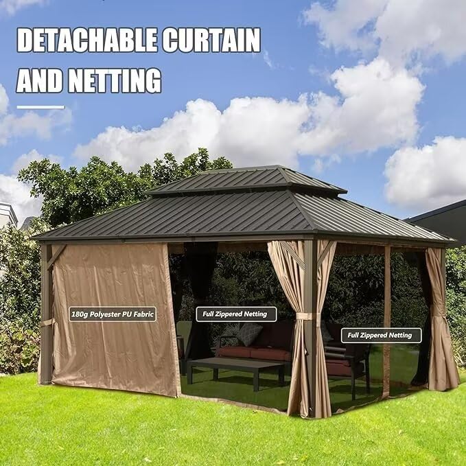 Domi 10’ x 10’ Hardtop Gazebo Metal Frame Canopy with Netting & Curtains