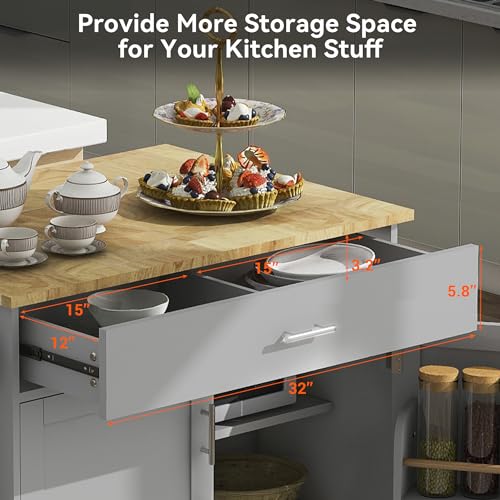 53.5''Farmhouse Kitchen Island with Power Outlet, Kitchen Storage Island with Drop Leaf, Spice Rack and Drawer, Rolling Kitchen Cart on Wheels