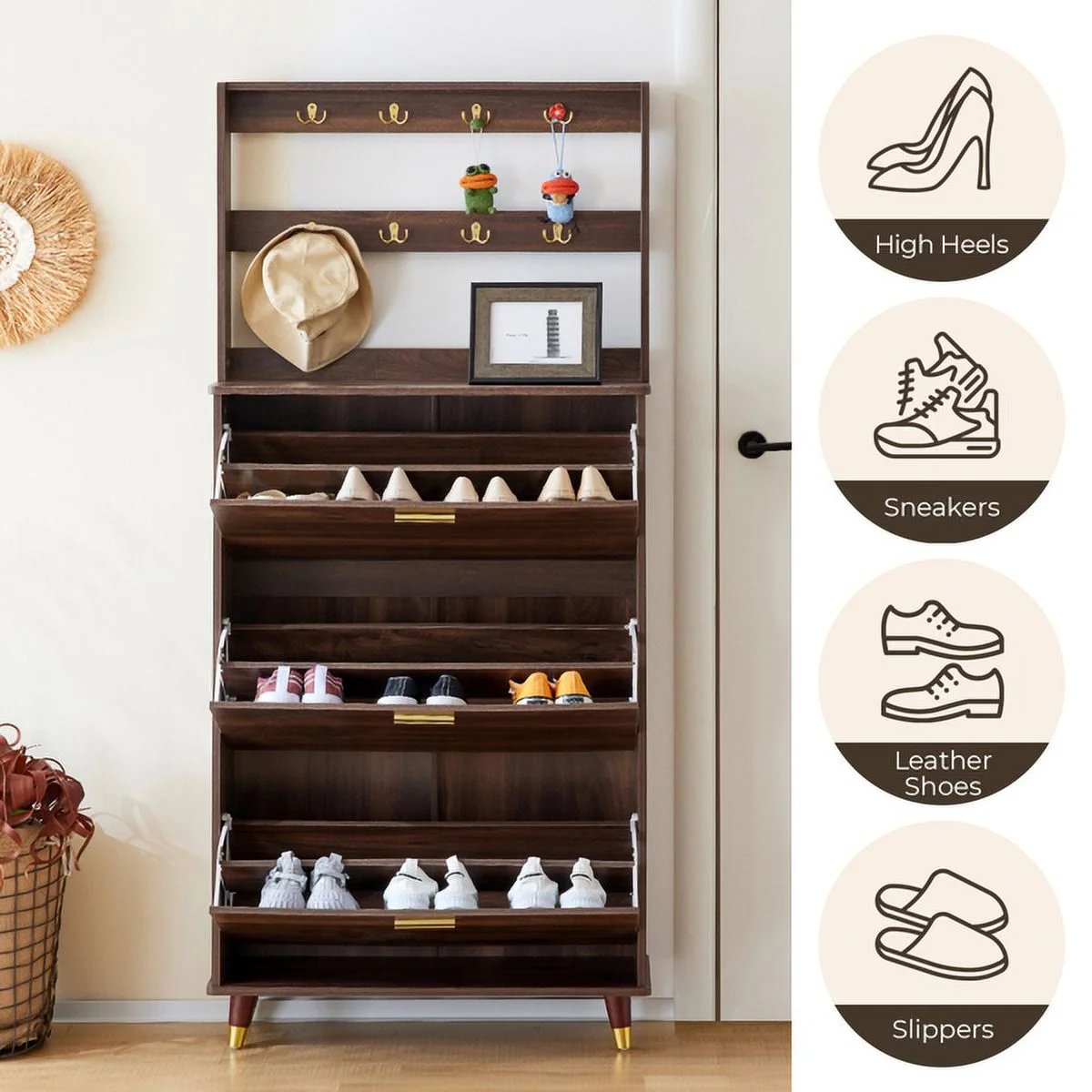 SYTHERS Wardrobe Armoire Closet for Bedroom Entryway, Hall Tree Coat Rack Freestanding with 12 Hooks & 3 Shoe Cabinets, Brown