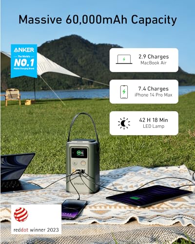 Anker Power Bank Power Station 60,000mAh,Portable Outdoor Generator 87W with Smart Digital Display, Retractable Auto Lighting and SOS Mode