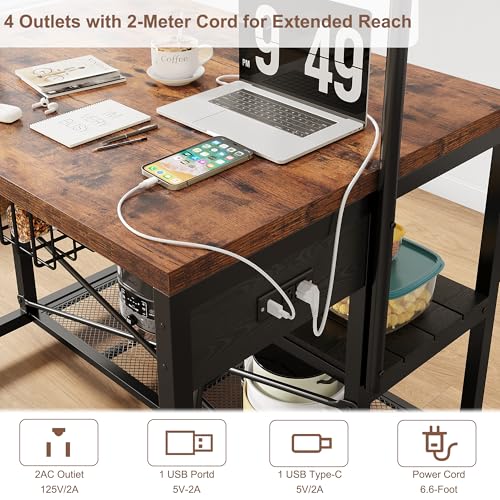 46" Large Kitchen Island Table Baker Rack with Power Outlet and 3-Tier Storage-Microwave Stand Oven Shelf, Metal Coffee Bar Table