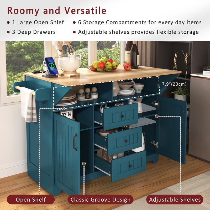 55.7'' Large Kitchen Island with 2 Drop Leaf, Rolling Kitchen Cart on 5 Wheels with Power Outlet