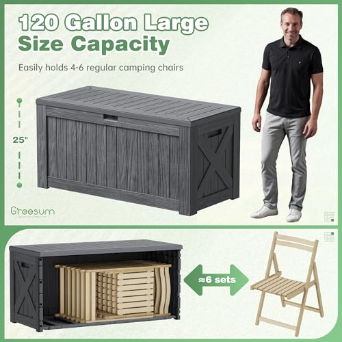 Greesum 120 Gallon Outdoor Storage Box with Lock - Large Resin Deck Box, Reinforced Lid for Garden, Patio, Lawn, Black