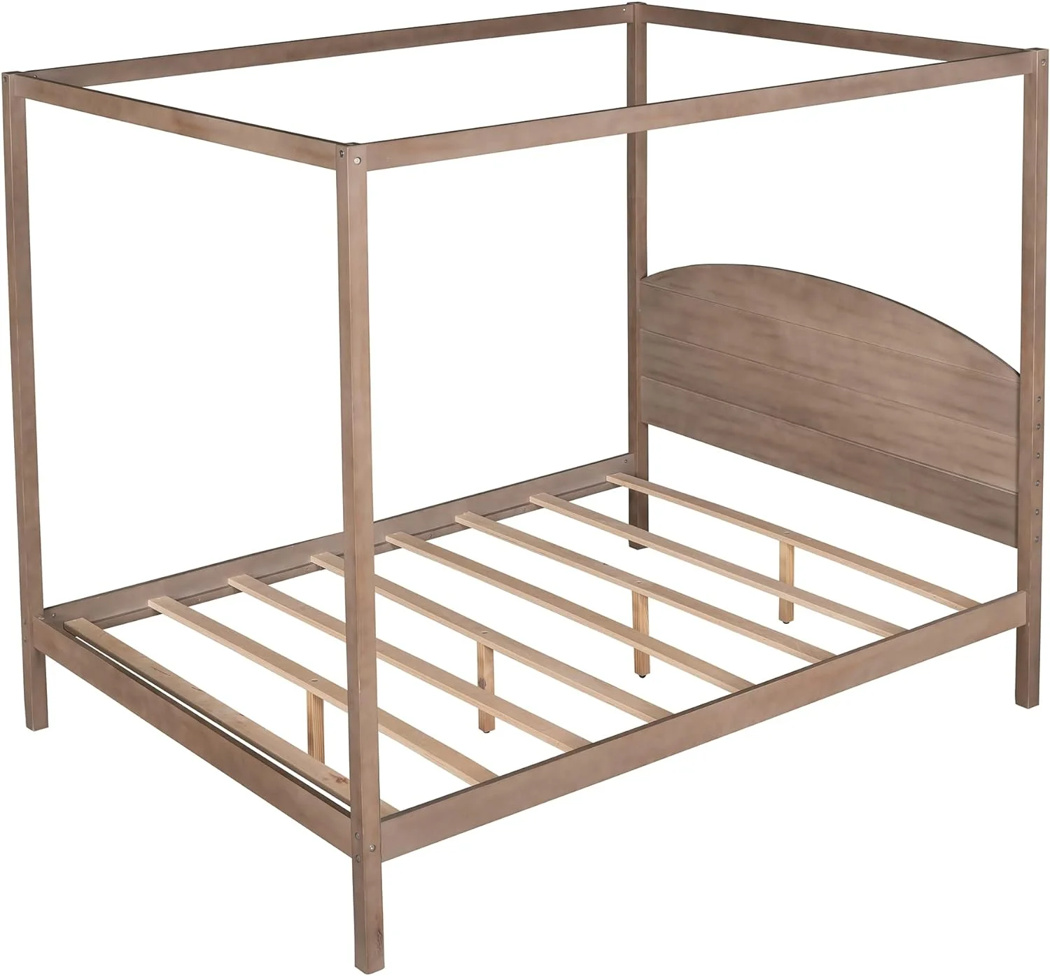 Queen Canopy Bed With Headboard And Slat Support, 4-Post Canopy Bed Queen Size, Wood Queen Platform Bed Frame For Kids Teens Adults