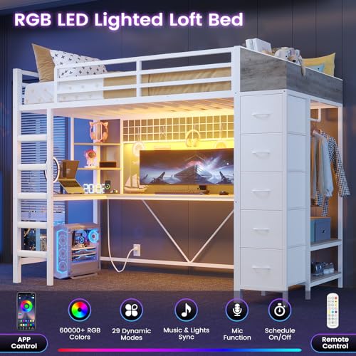 VIAGDO Loft Bed Twin Size with Hall Tree, Charging Station and LED Lights, Metal Loft Bed with L-Shaped Desk, 5 Storage Drawers