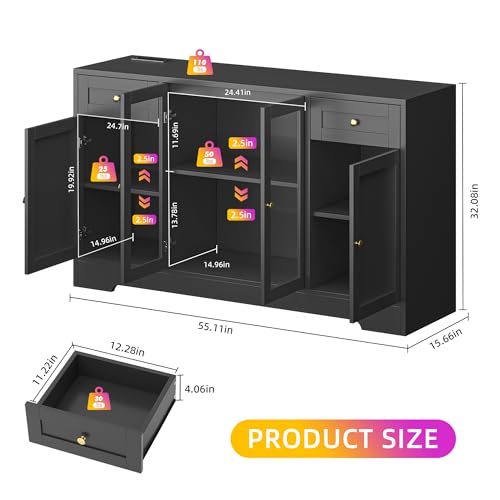 LED Coffee Bar Cabinet with Storage, 55'' Large Sideboard Buffet Cabinet, Wood Coffee Bar Buffet Table with 4 Doors and Charging Station