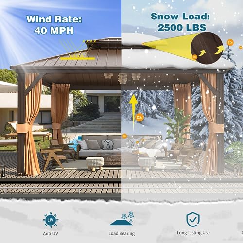 MELLCOM 10'x13' Hardtop Gazebo with Polycarbonate Double Roof, Aluminum Frame Outdoor Gazebo Permanent Pavilion with Curtains and Netting for Patio