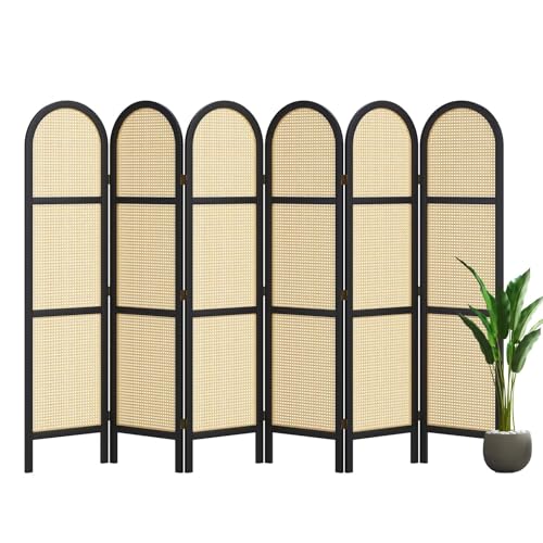 Room Divider and Folding Privacy Screens, Pine Wood 5.6 Ft Double Hinged Rattan Partition Freestanding Wall Room Divider for Home - 3 Panels