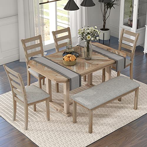 Merax 6-Piece Rubber Wood Dining Table Set with 4 Cushioned Chairs and Bench, Beautiful Grain Pattern Tabletop, Light Gray