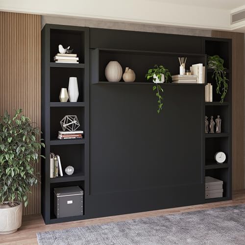 Oakland Living Easy-Lift Queen Murphy Wall Bed in Brown Wood Grain with Two Bookshelves