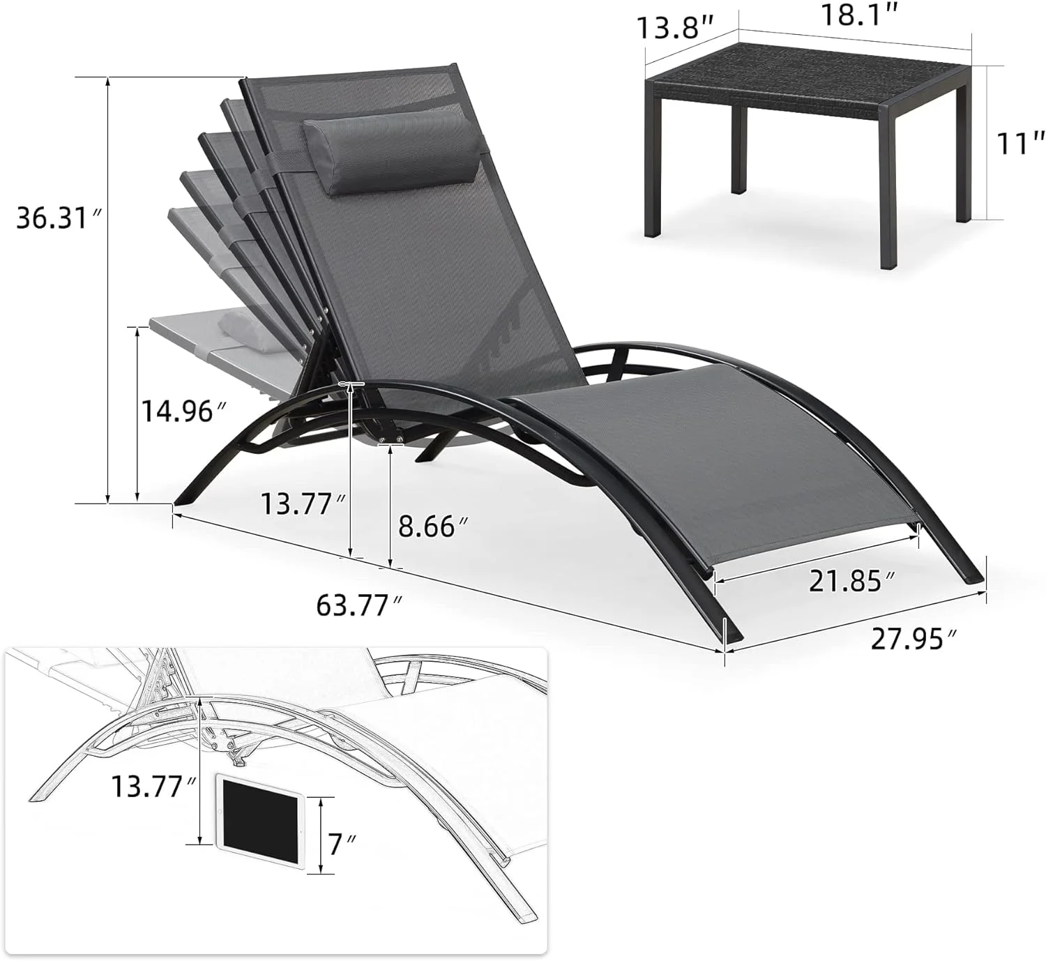 PURPLE LEAF 3 PCS Patio Oversized Chaise Lounge Chair Set with Side Table Poolside Adjustable Recliner Chairs for Outside Beach Outdoor Pool