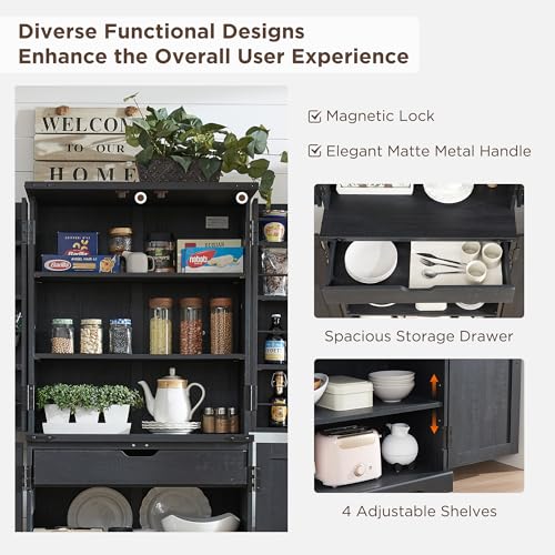 72" Tall Kitchen Pantry, Farmhouse Storage Cabinet with Barn Doors, Organizer, Drawer and Adjustable Shelves, Rustic Wood Cupboard for Kitchen