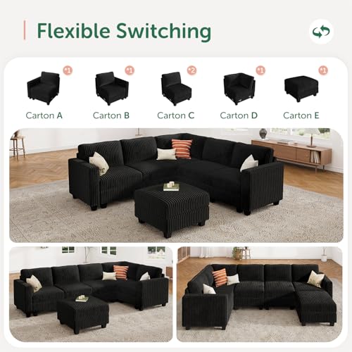 HONBAY Corduroy Modular Sectional Couch with Storage L-Shaped Sectional Couches for Living Room 6 Seater Modular Sofa, Dark Gray