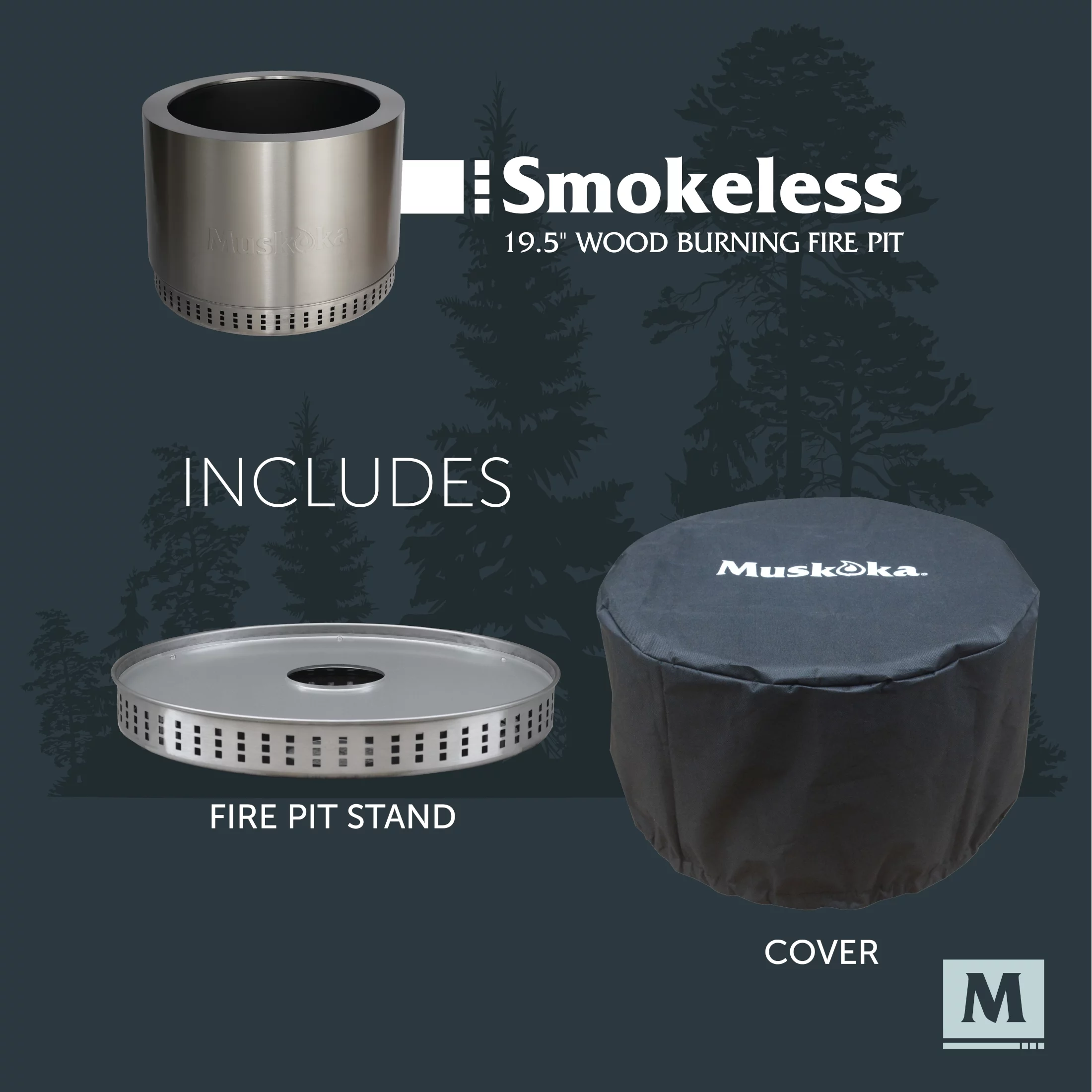 Muskoka 19.5 Stainless Steel Smokeless Wood Burning Fire Pit with Protective Cover
