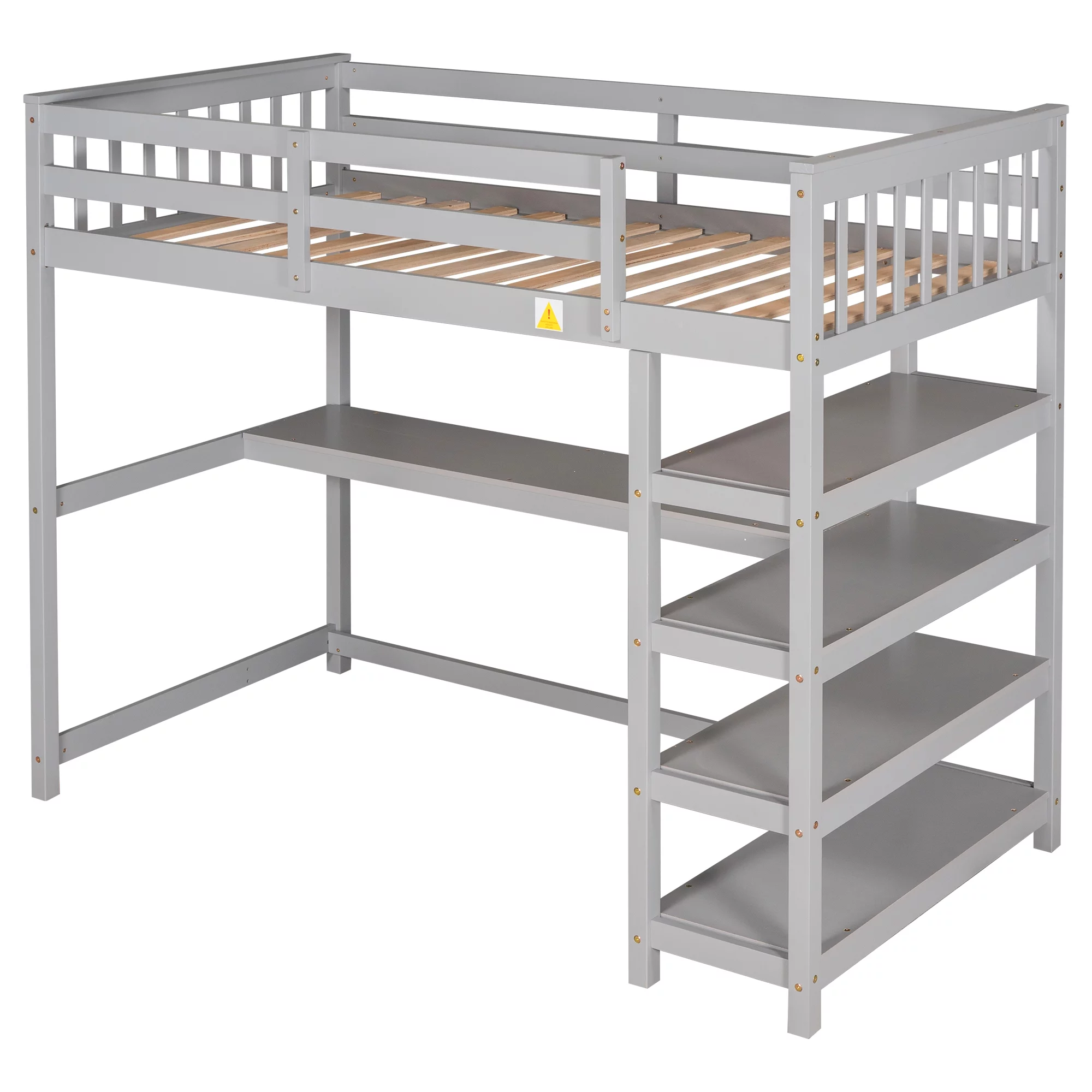 Euroco Twin Size Loft Bed with Built-in Desk and Shelves for Kids Teens Adults, Gray