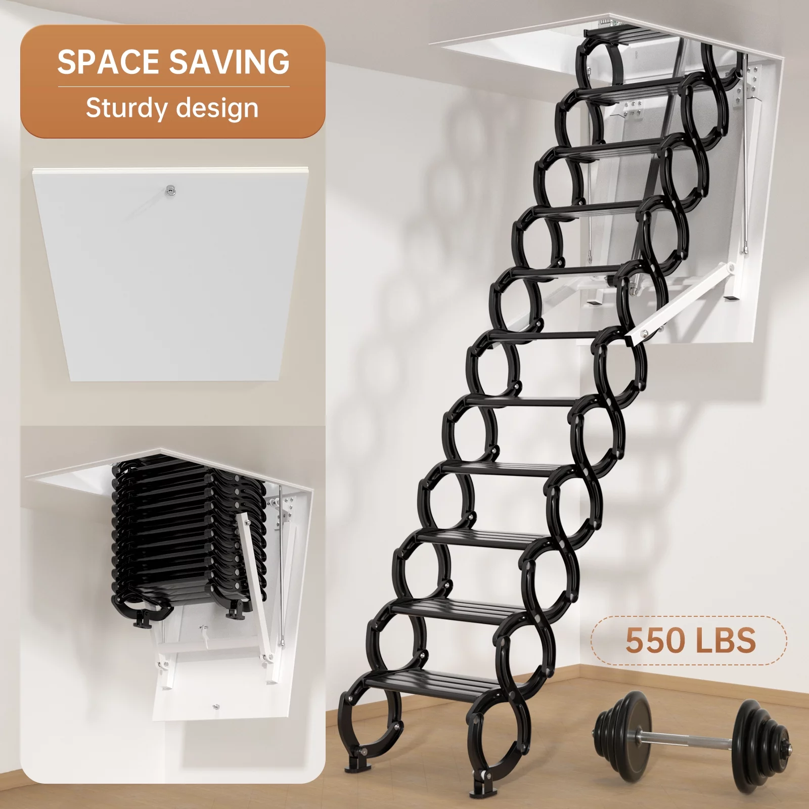 TOPTENG 11 Steps Electric Ceiling Ladder electirc Attic Wall Ladder  Stairs Aluminum Folding Ladder Pull Down 9.5ft Ladder with Remote for loft Home