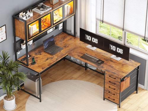 SEDETA L Shaped Gaming Desk with Drawers, L Shaped Computer Desk with Hutch and Storage Shelves, Gaming Desk with Pegboard, Led Lights