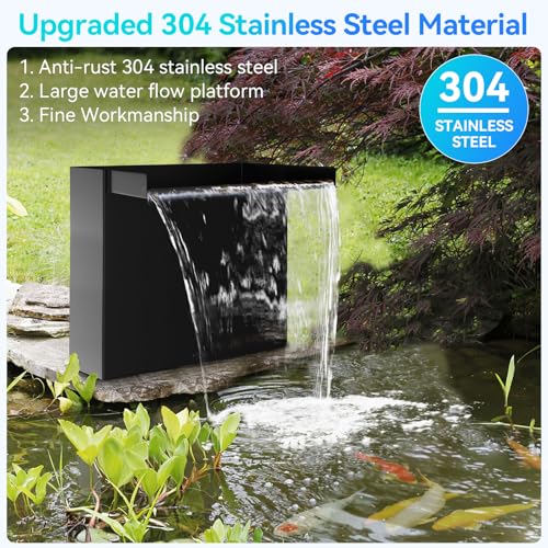 POPOSOAP 24 Inch Pond Waterfall Spillway with 1200GPH Pump, 304 Stainless Steel Waterfall Kit with 9.8FT Corrugated Tube