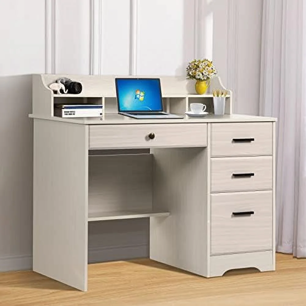HJZUINIUNIU Computer Desk with 4 Drawers and Small Office Desk with File Drawers and Hutch Farmhouse Wood Writing Student Table for Home Office