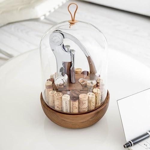 L'atelier Du Vin Oeno Motion Groom Corkscrew & Cork Dome Glass Cloche Display - Tabletop Centerpiece Walnut Wood Base Wine Tasting