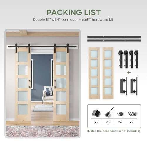 42x84 inch Glass Sliding Barn Door Slab with 7ft Hardware Kit Included, 5-Panel Frosted Glass, Spruce Wood Support DIY Dyeing, Easy Assembly