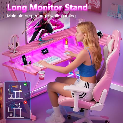 55 Inch Gaming Desk with Power Outlet & LED Lights, L Shaped Gamer Computer Table with Storage Shelves for Bedroom, Corner Home Office Desk