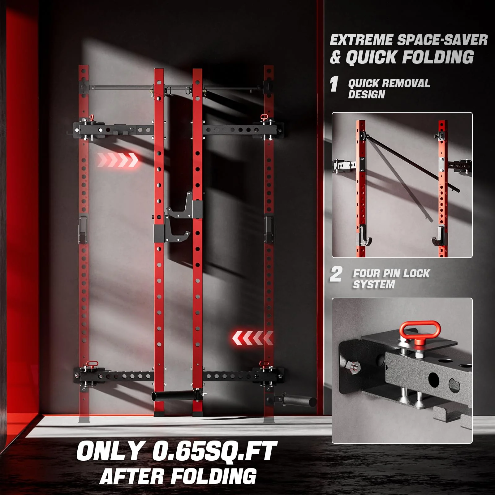 Eisenlink Foldable Power Cage, 1000LBS Capacity Wall Mounted Squat Rack with Quick Remove Pull-Up Bar, J-Hooks, Landmine
