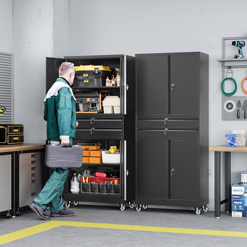 Letaya Metal Garage Storage Cabinet with Drawer,4 Door Tool Cabinet with Lock-2 Adjustable Shelves for Garage Home Office Utility Room (Black)