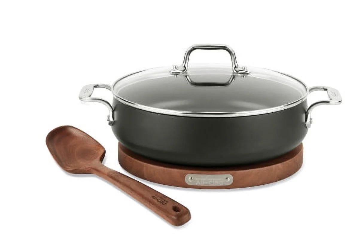All-Clad HA1 Hard Anodized Nonstick Cookware, Sauteuse with Acacia Wood Trivet & Spoon and Glass Lid, 4 quart
