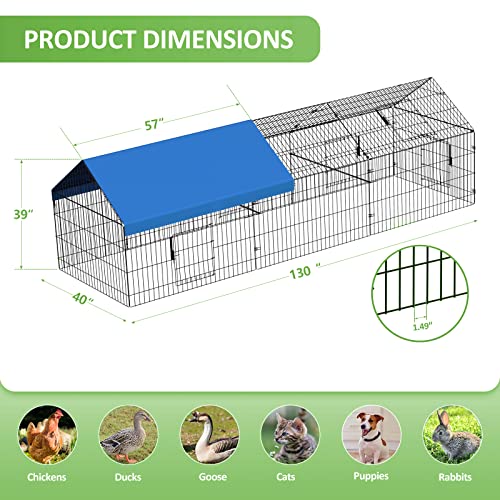 INJOPEXI Metal Chicken Coop 130"×40"×39" Chicken Runs for Yard with Cover Chicken Playpen Enclosure Chicken Pen Kennel Duck Coop Cage for Outdoor