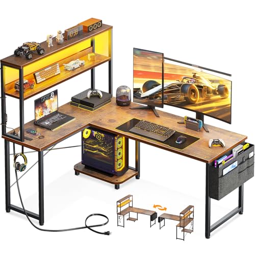 AODK L Shaped Desk Gaming Desk with LED Light & Power Outlet