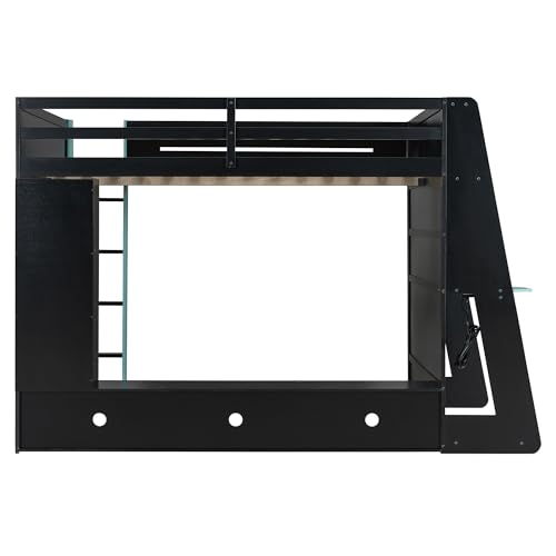 Modern Full Size Gaming Loft Bed with Built-in Desk and Storage Wardrobe, Wood Loft Bed Frame with Light Strip and 2 Drawers