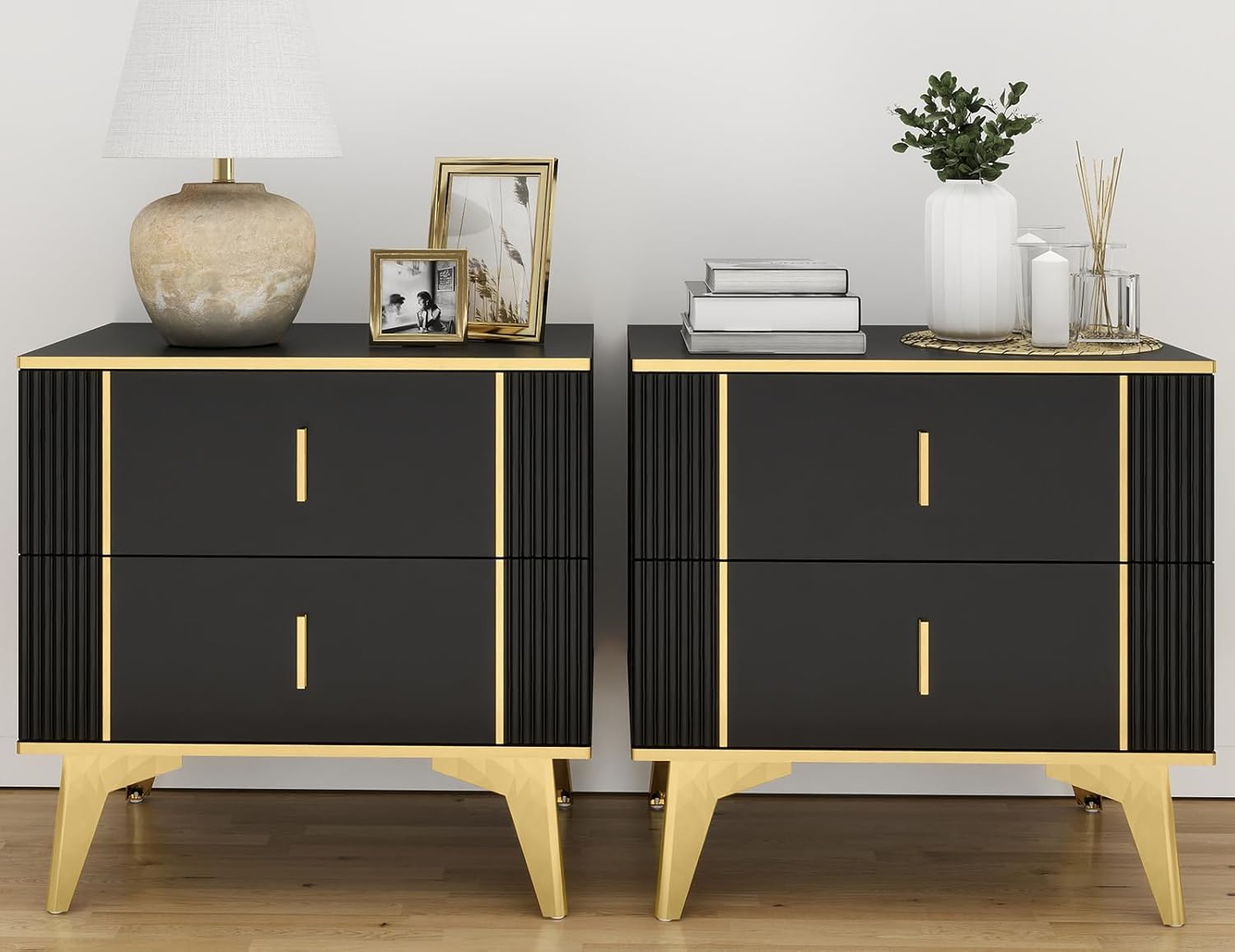 Wakefit Nightstands Set of 2, Light Luxury Bedside Table with 2 Wood Drawers, End Tables with Metal Handles and Metal Legs for Bedroom