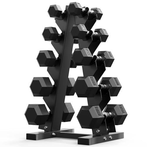 PAPABABE Hex Dumbbell Sets with Rack, 60-550lb Rubber Coated Dumbbell Weight Set and Storage Rack, Multiple Options Hand Weights for Strength Training